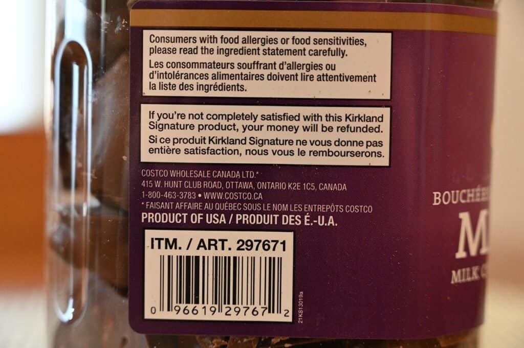 Image of the Costco Kirkland Signature Macadamia Clusters container stating it's a product of the USA and individuals with allergies should be careful. 