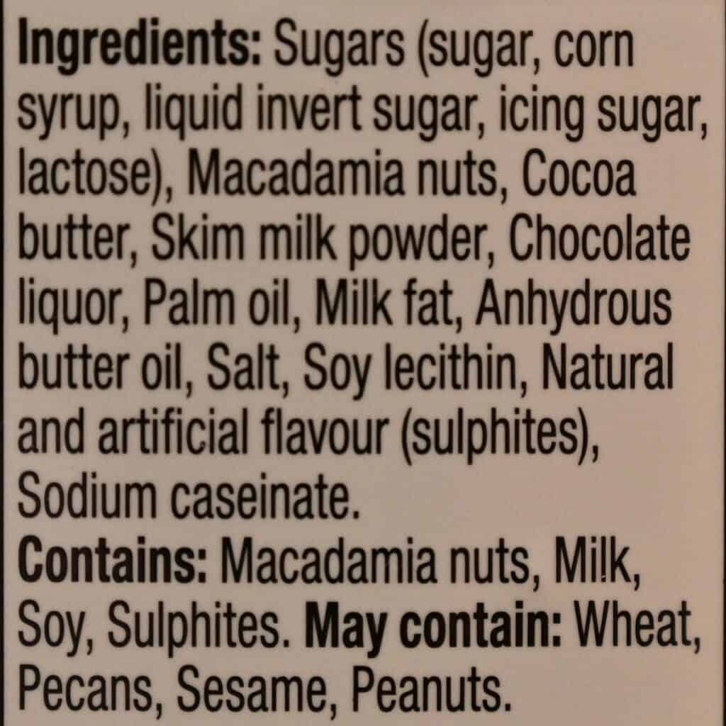 Image of the Costco Kirkland Signature Macadamia Clusters Ingredients
