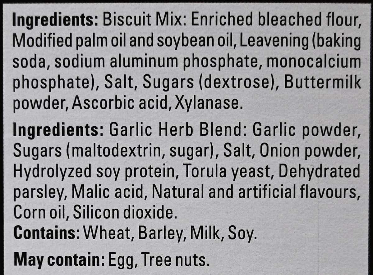 Image of the ingredients list for the biscuits from the back of the box.
