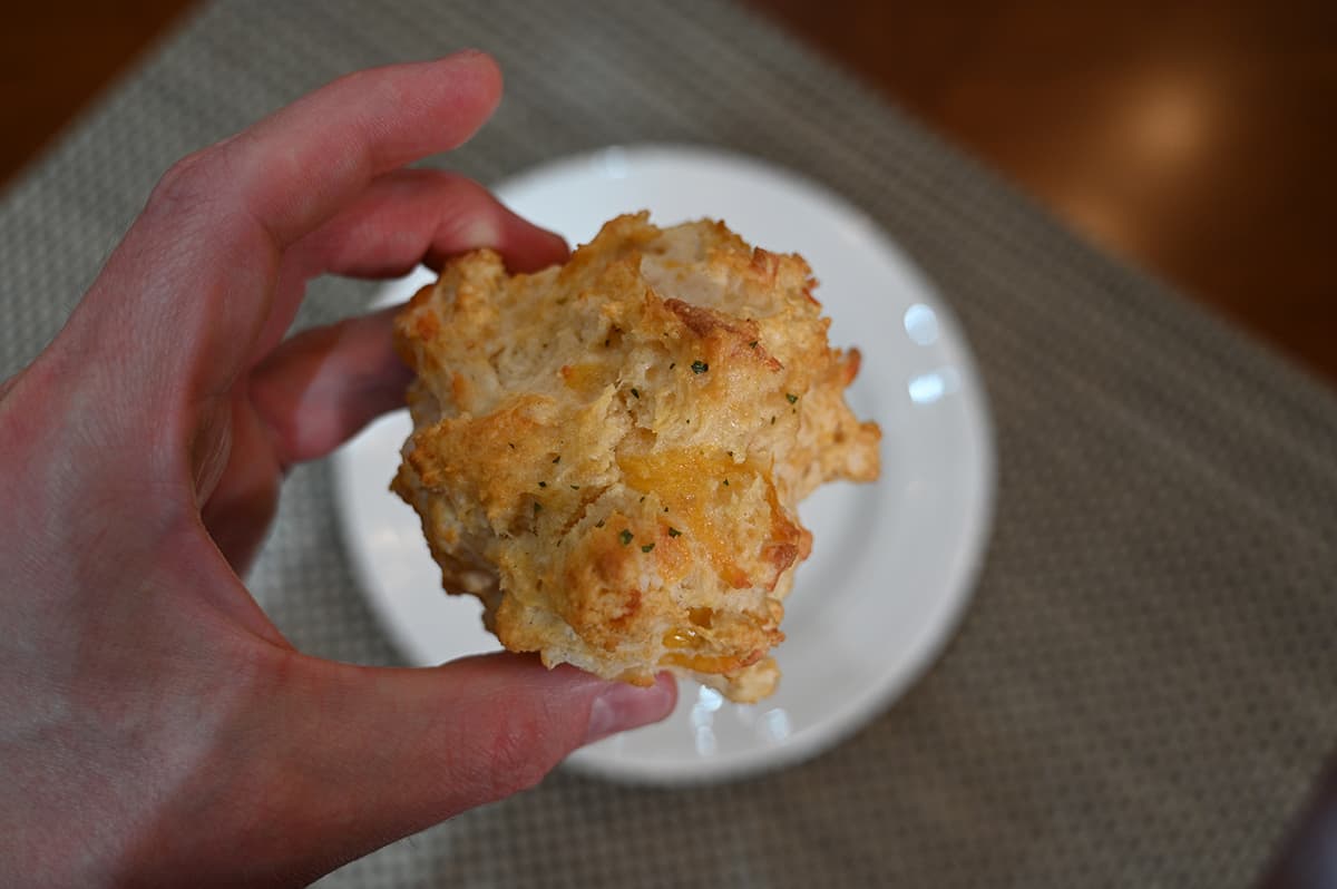 Closeup image of a hand holding one biscuit up close to the camera with a white plate in the background.