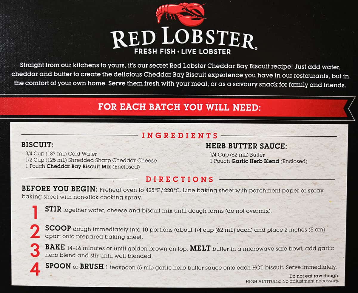Image of the baking instructions for the Red Lobster Chedday Bay biscuits.