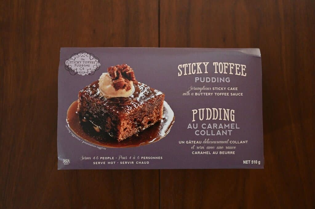 Image of the Costco The Sticky Toffee Pudding Co. Sticky Toffee Pudding box sitting on a table top down image 