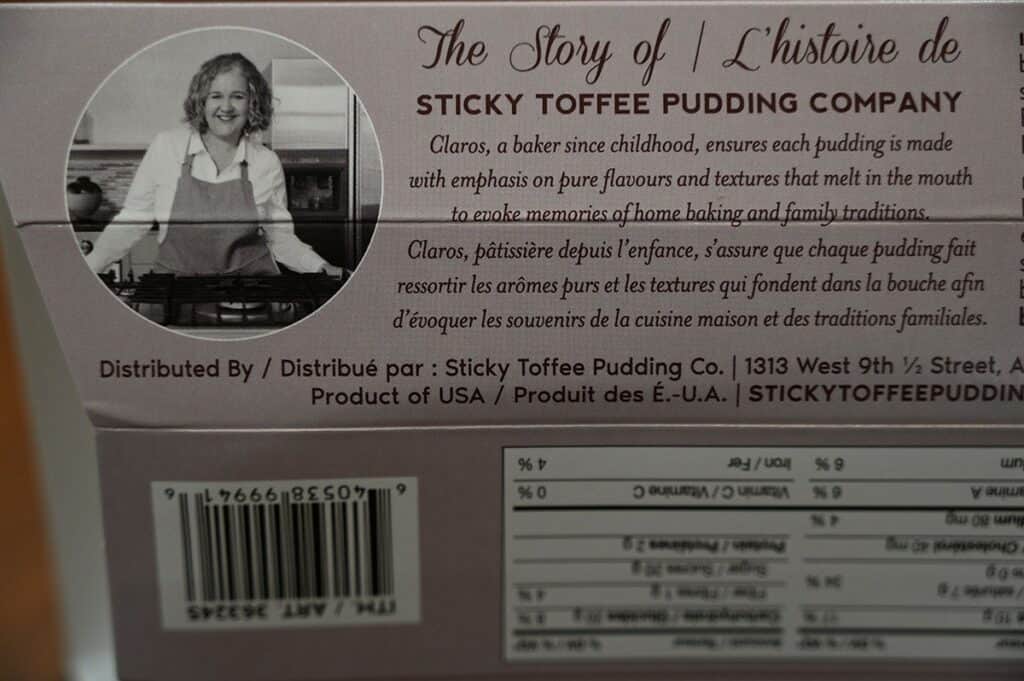 Image of the back of the box of the Costco The Sticky Toffee Pudding Co. Sticky Toffee Pudding that has the product description. Product of USA