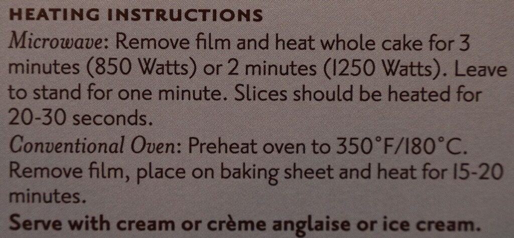 Image of the ICostco The Sticky Toffee Pudding Co. Sticky Toffee Pudding heating directions. 