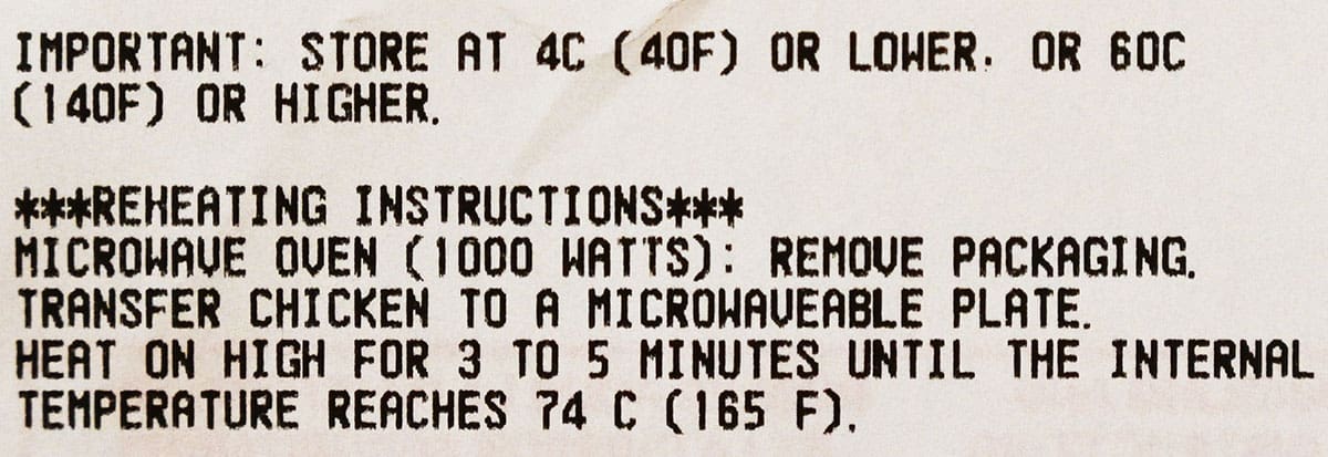 Costco rotisserie chicken storage instructions from the label on the container.