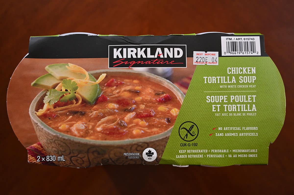 Top down image of the chicken tortilla soup packaging showing the title and no artificial flavors written.