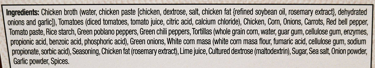 Image of the Costco chicken tortilla soup ingredients list from the packaging.