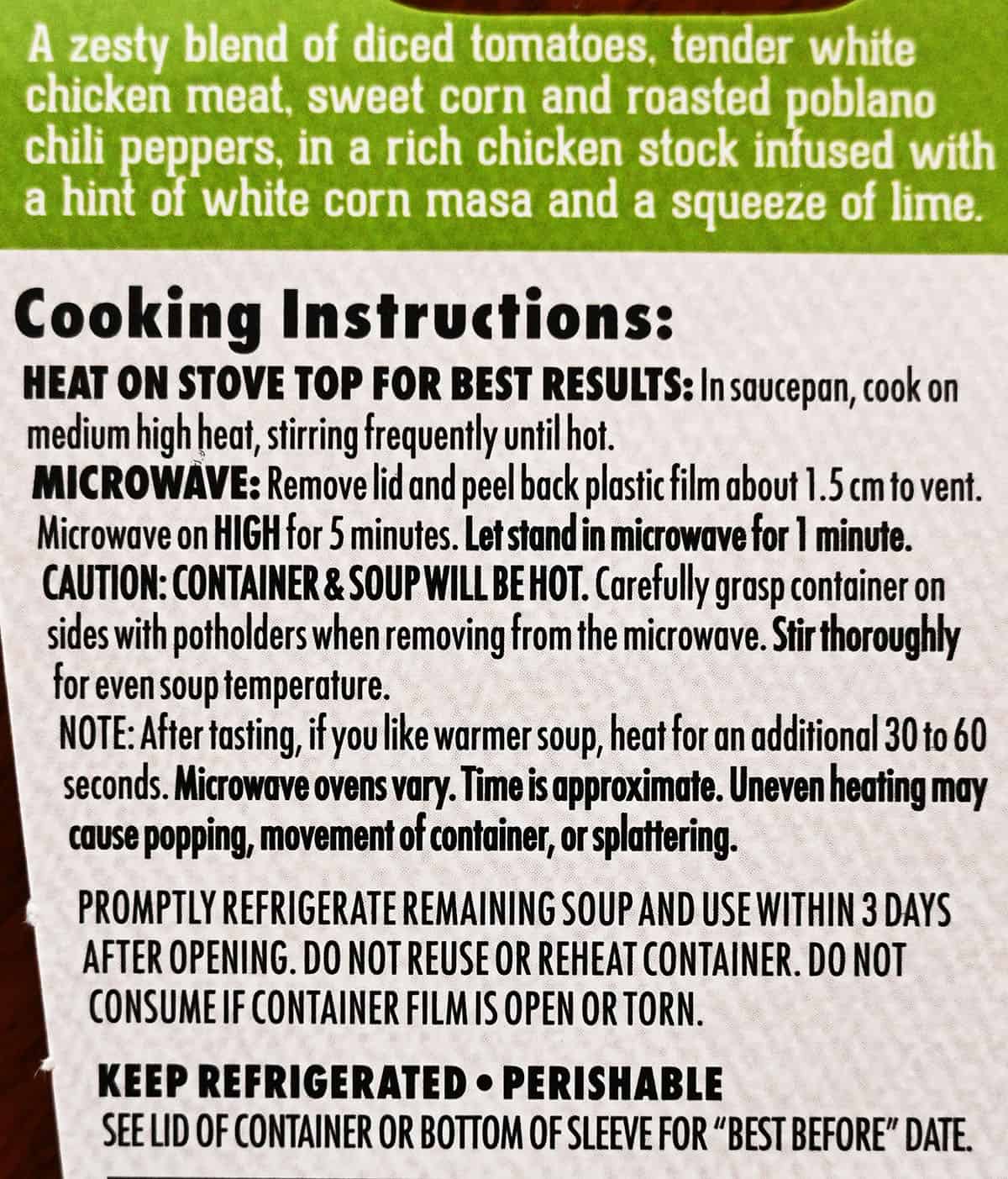 Image of the Costco Kirkland Signature Chicken Tortilla Soup cooking instructions.