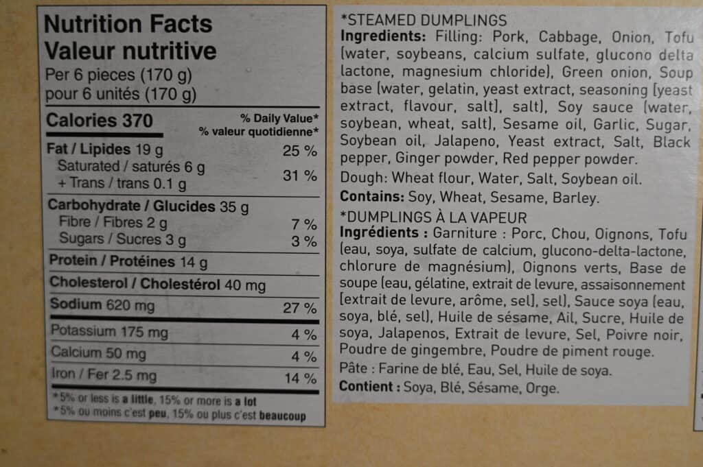 Photo showing nutrition facts and ingredients for the dumplings.