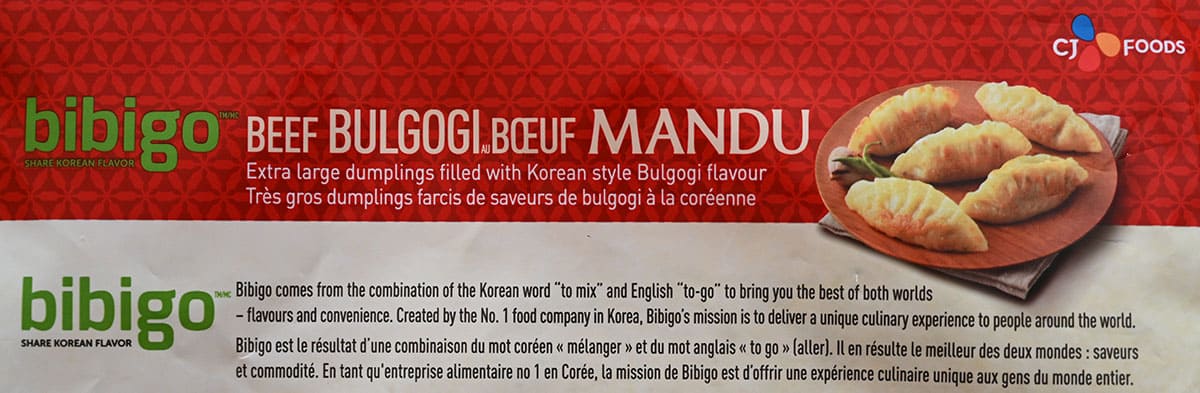 Company description on the Costco Bibigo Beef Bulgogi Mandu bag. 