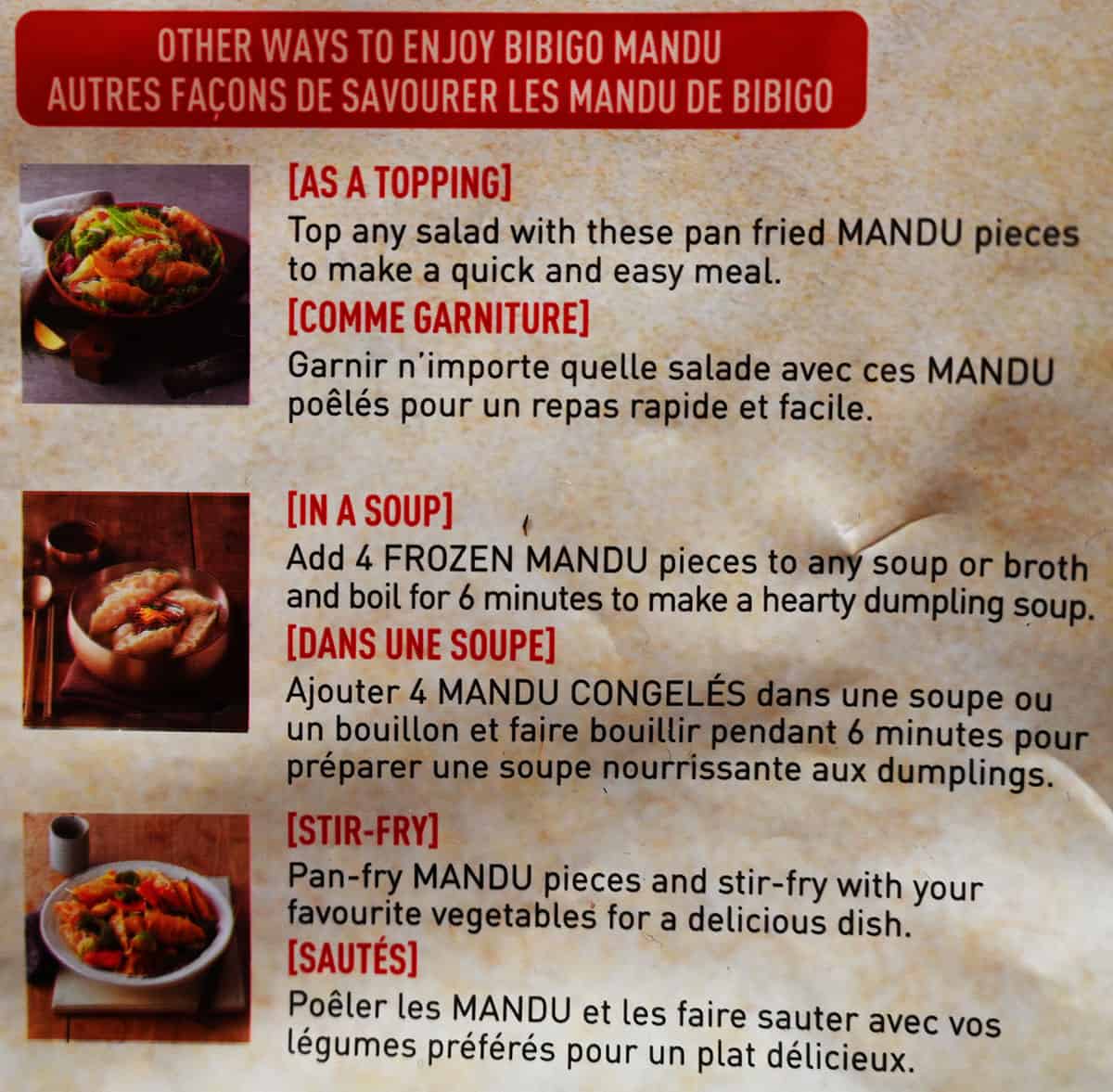 Ideas on how to use the mandu as a topping, in soup or a stir fry from the bag. 
