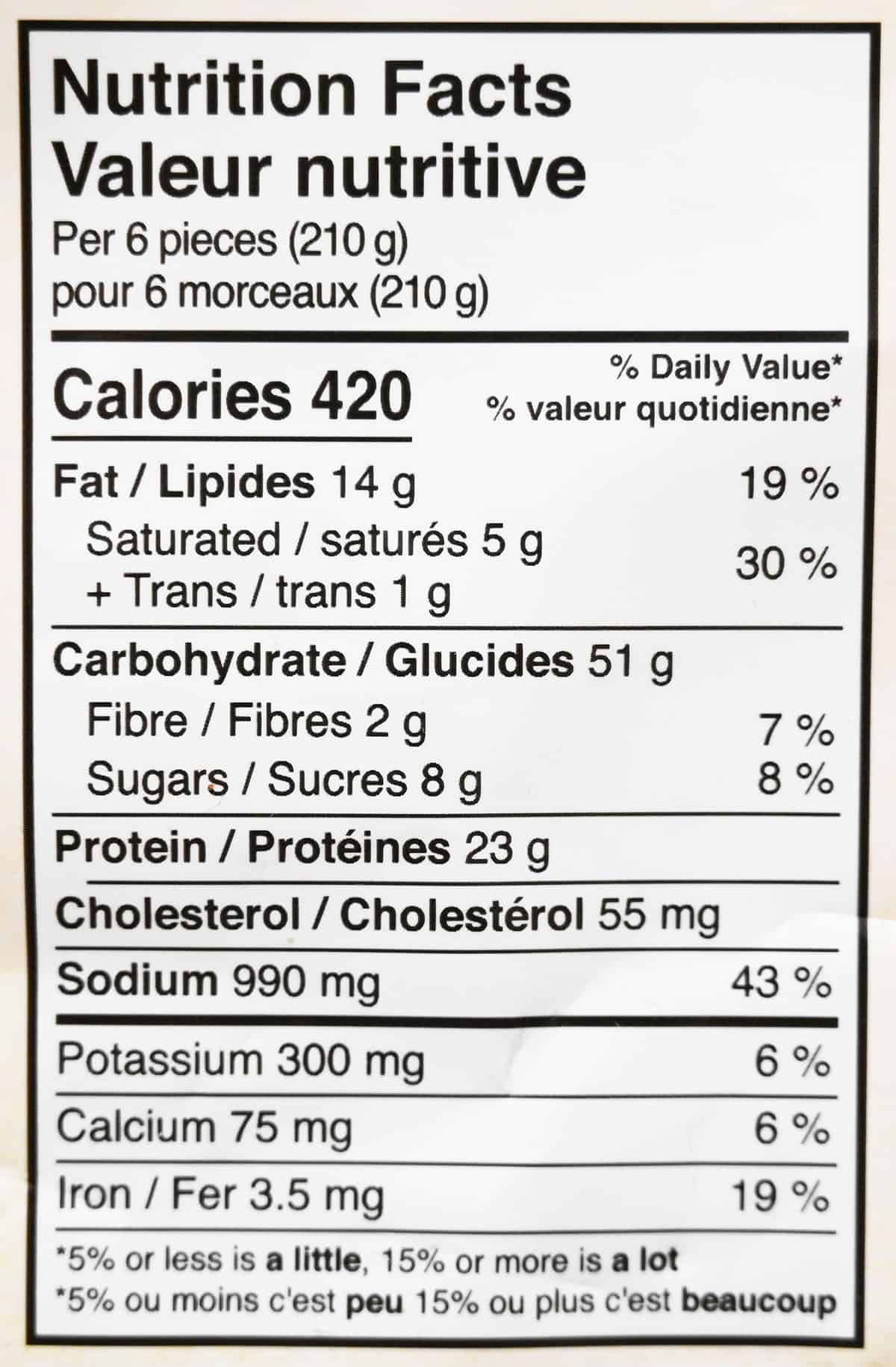 Costco Bibigo Beef Bulgogi Mandu nutrition facts from bag.