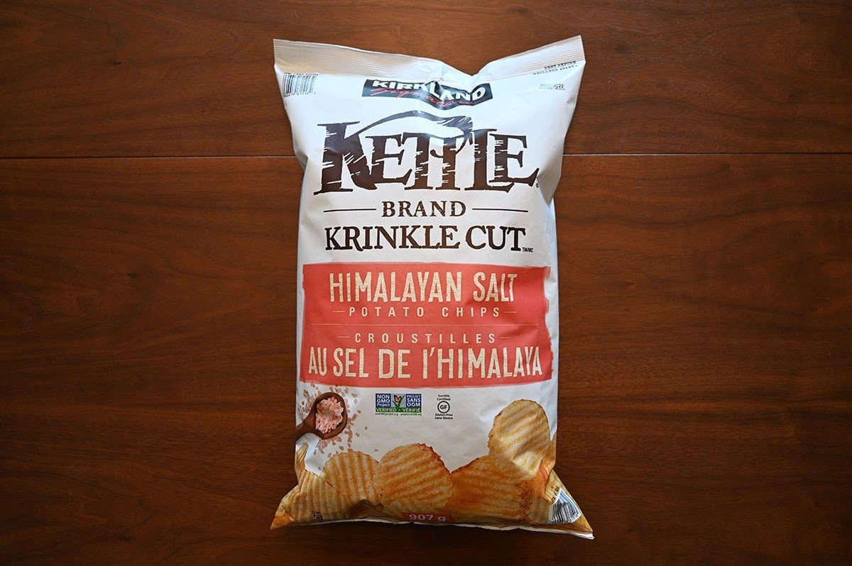 Costco Kirkland Signature Kettle Brand Potato Chips bag sitting on a table. 