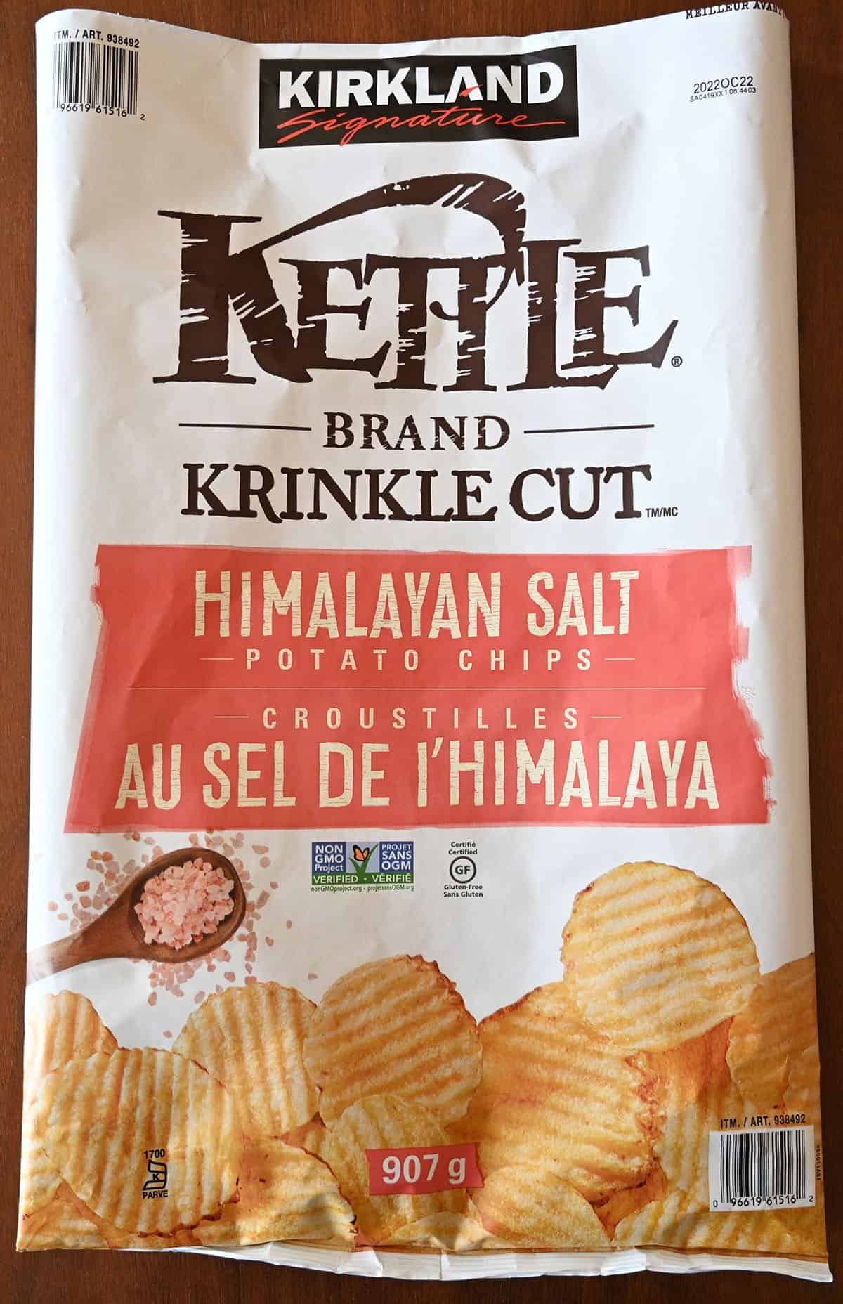 Close up image of the Costco Kirkland Signature Kettle Brand Potato Chips with the chips removed and bag flattened. 