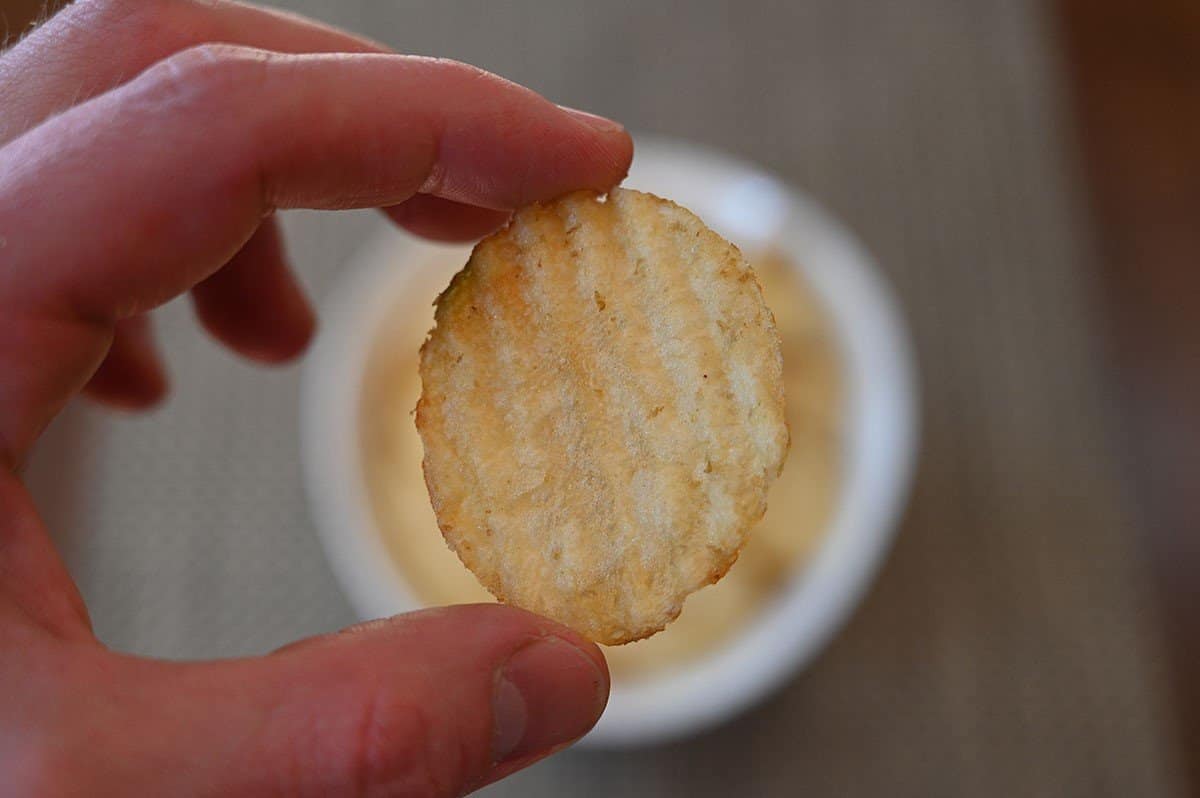 Close up image of one Costco Kirkland Signature Kettle Brand Potato Chip. 