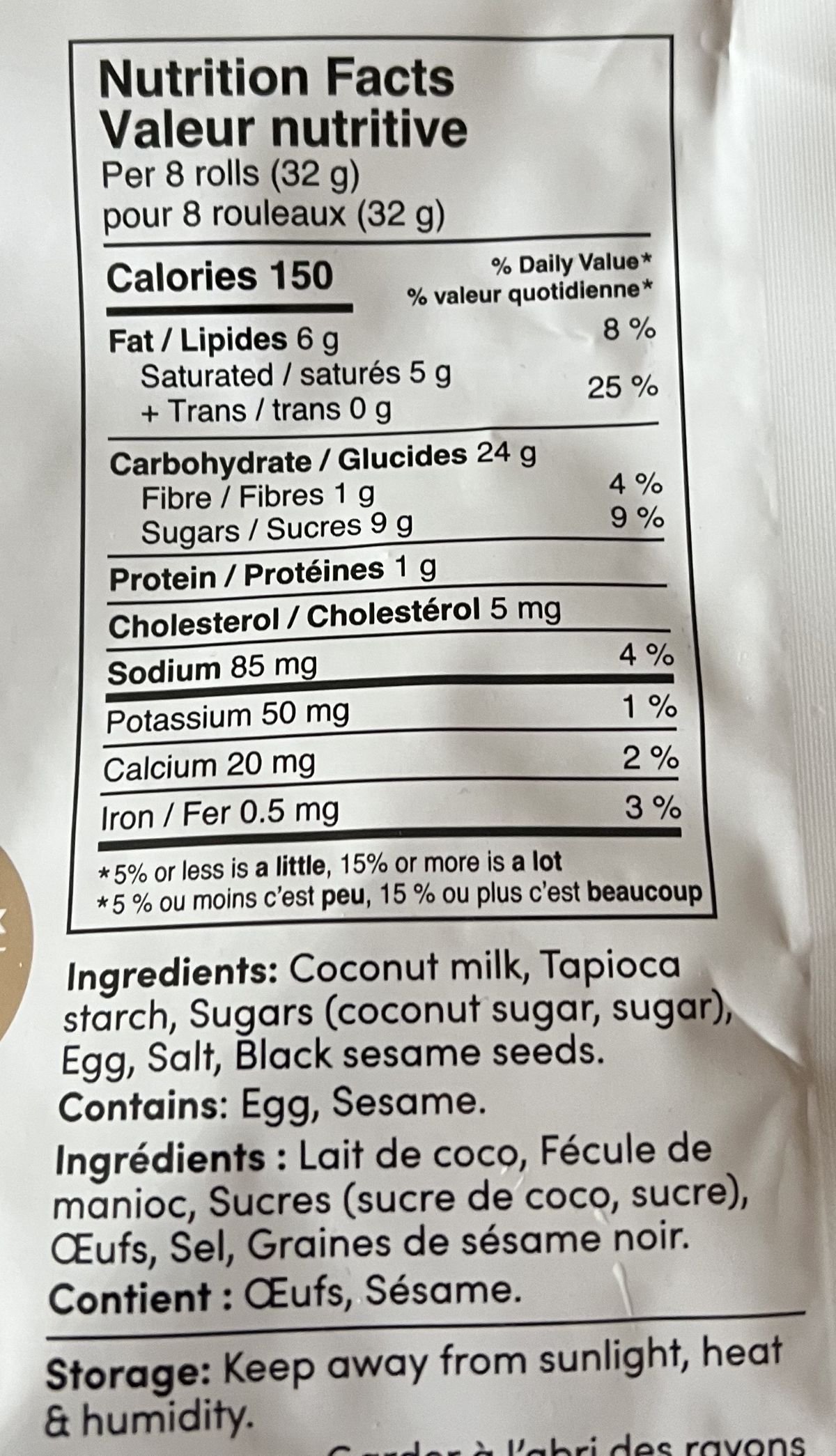 Image of the nutrition facts and ingredients for the rolls from the back of the bag. 