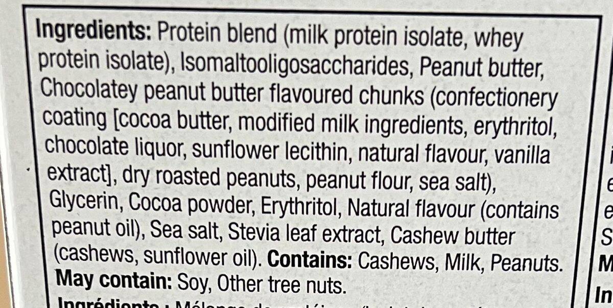 Image of the chocolate peanut butter protein bar ingredients from the box.