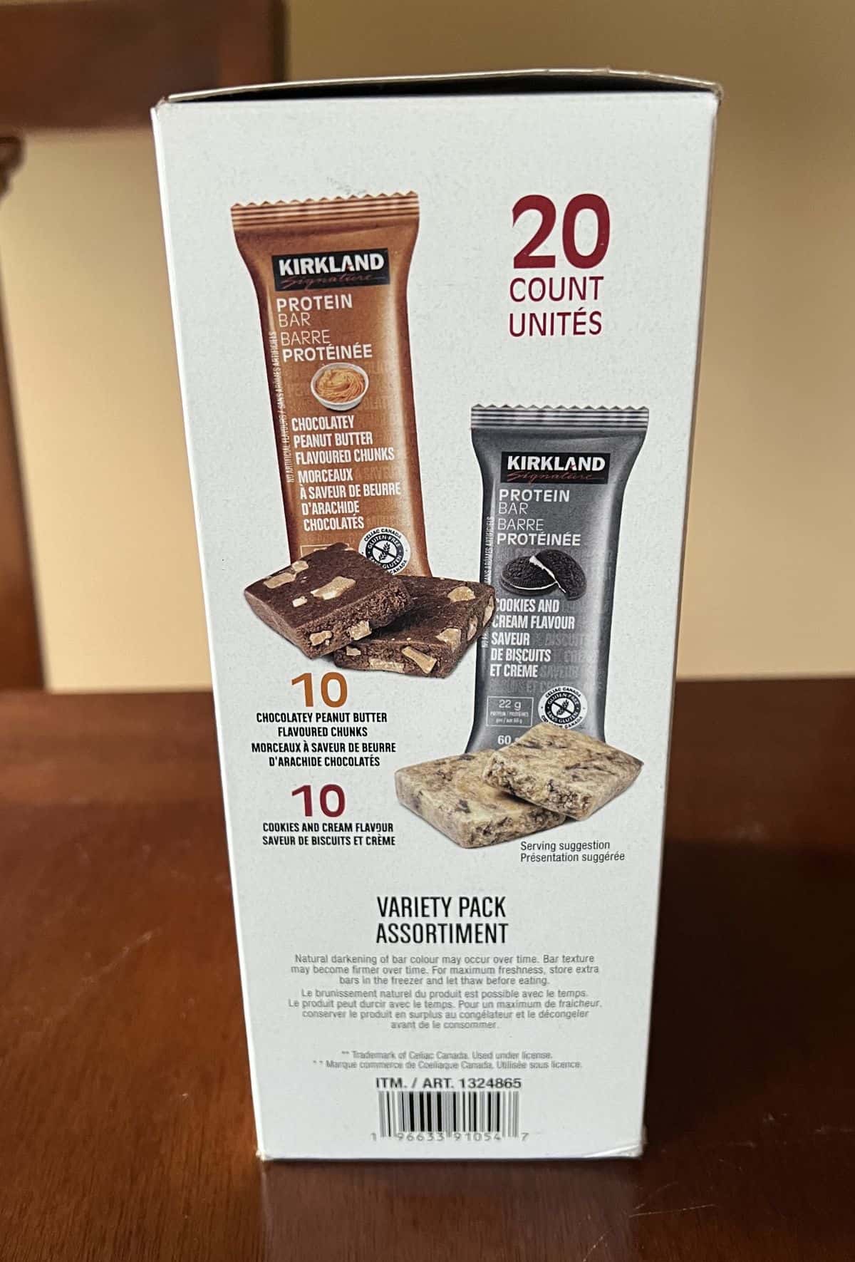 Image of the box of Kirkland Signature Protein Bars showing there's 20 bars in the box. 