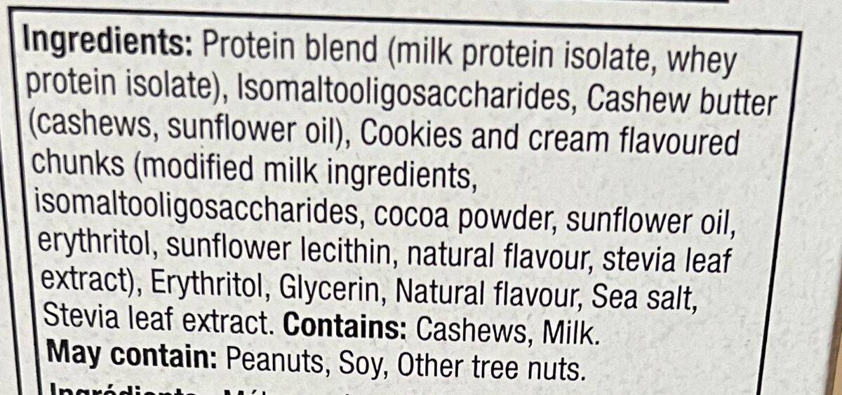 Image of the cookies and cream protein bar ingredients.