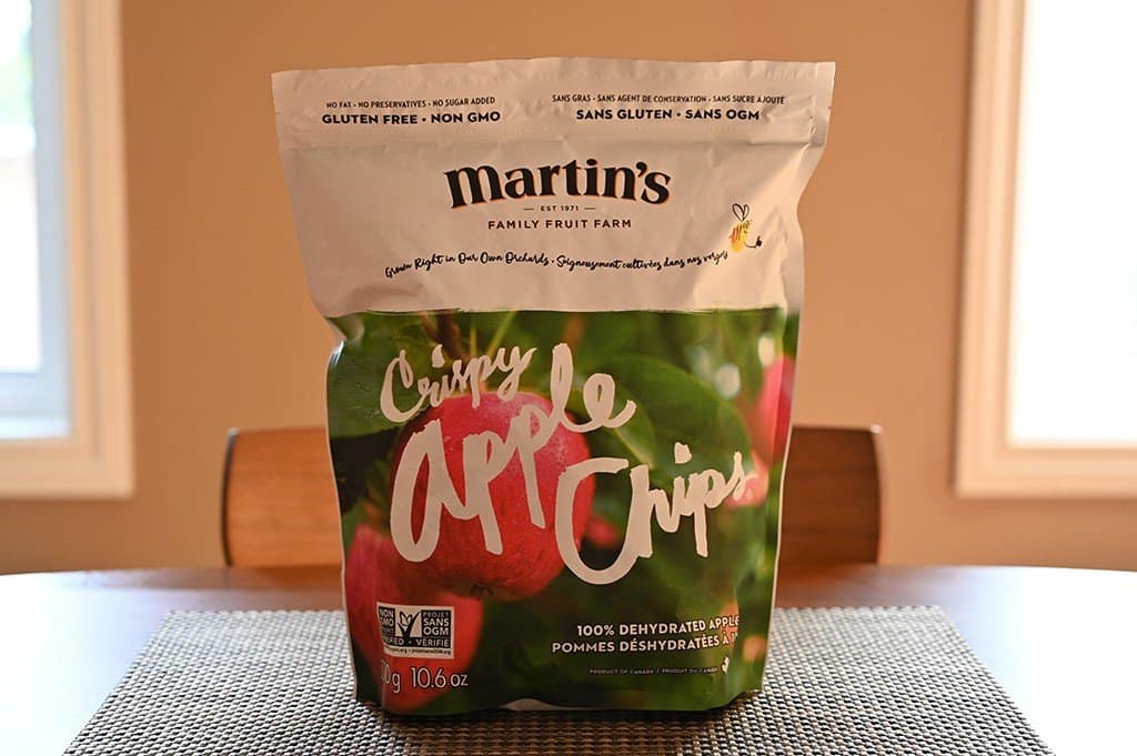 Costco Martin's Crispy Apple Chips bag sitting on a table. 