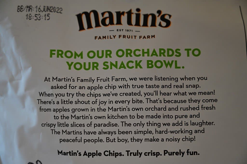 Costco Martin's Crispy Apple Chips company and product description from the bag. 