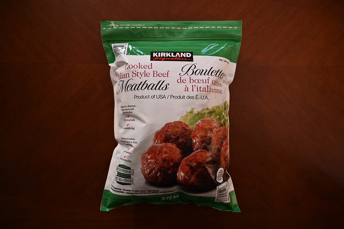 Costco Kirkland Signature Italian Style Beef Meatballs  bag sitting on a table.