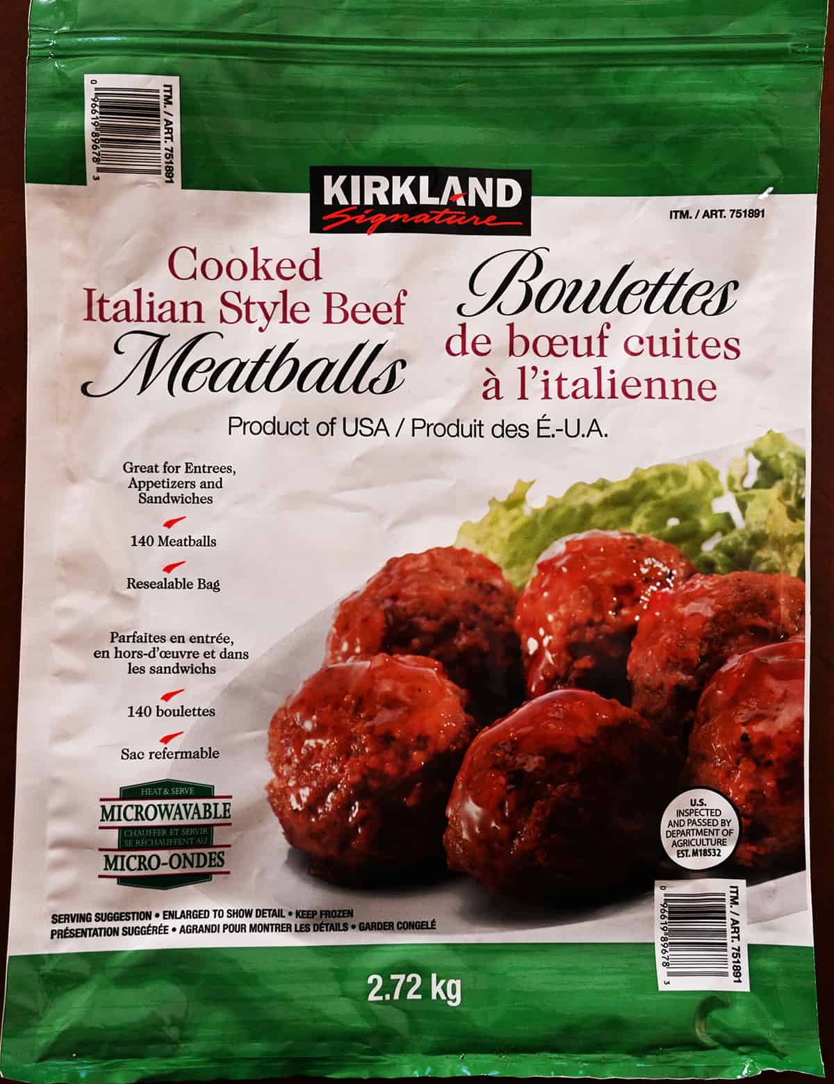 Closeup image of the bag of Kirkland Signature Italian Style Beef Meatballs.