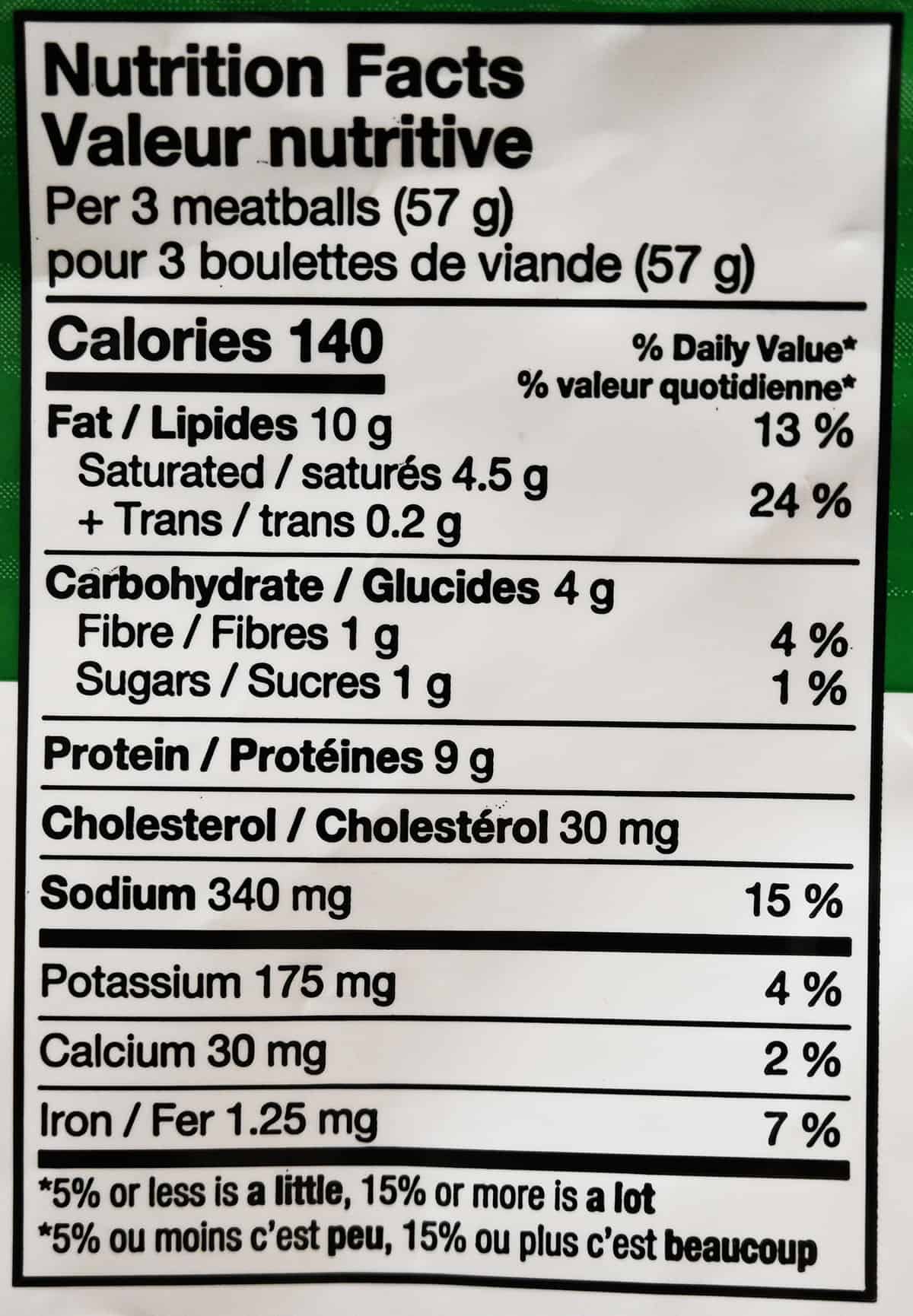 Image of the nutrition facts for the meatballs from the bag.