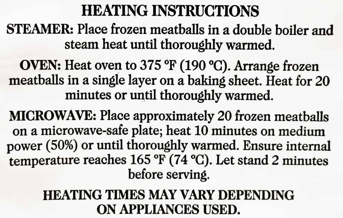 Image of the meatball heating instructions from the back of the bag.