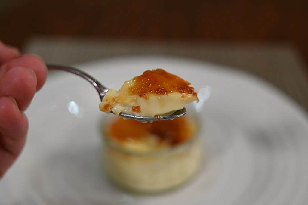 A spoonful of  Costco Marie Morin Crème Brûlée up close image. 