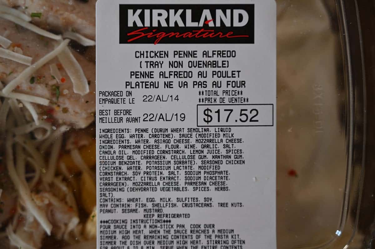Costco Chicken Penne Alfredo label on the tray. 