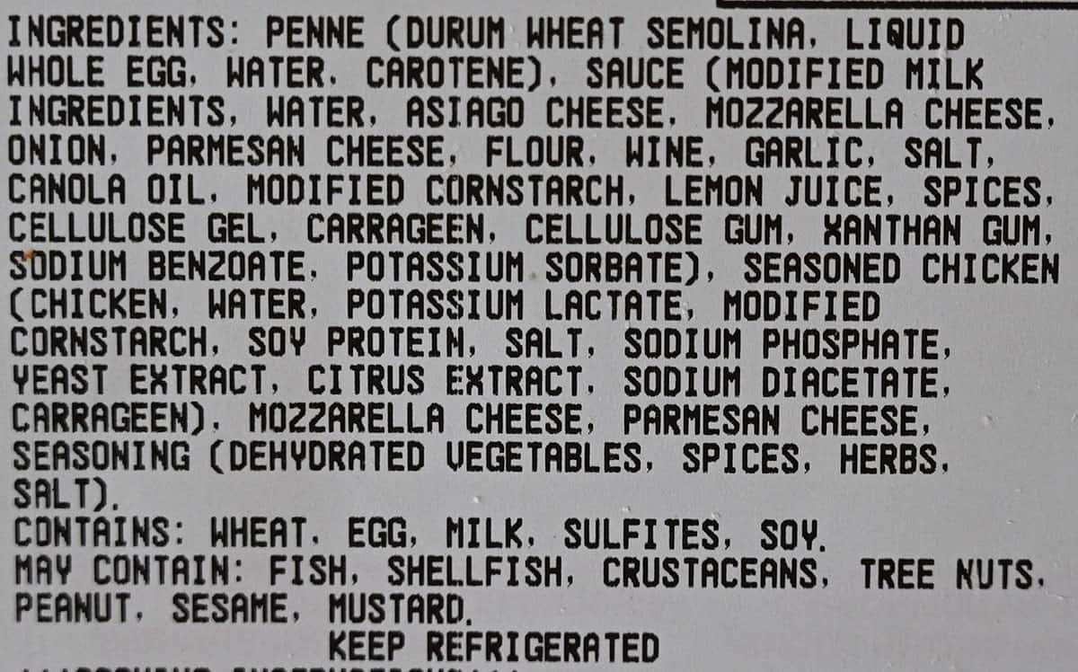 Costco chicken penne alfredo ingredients list from tray. 