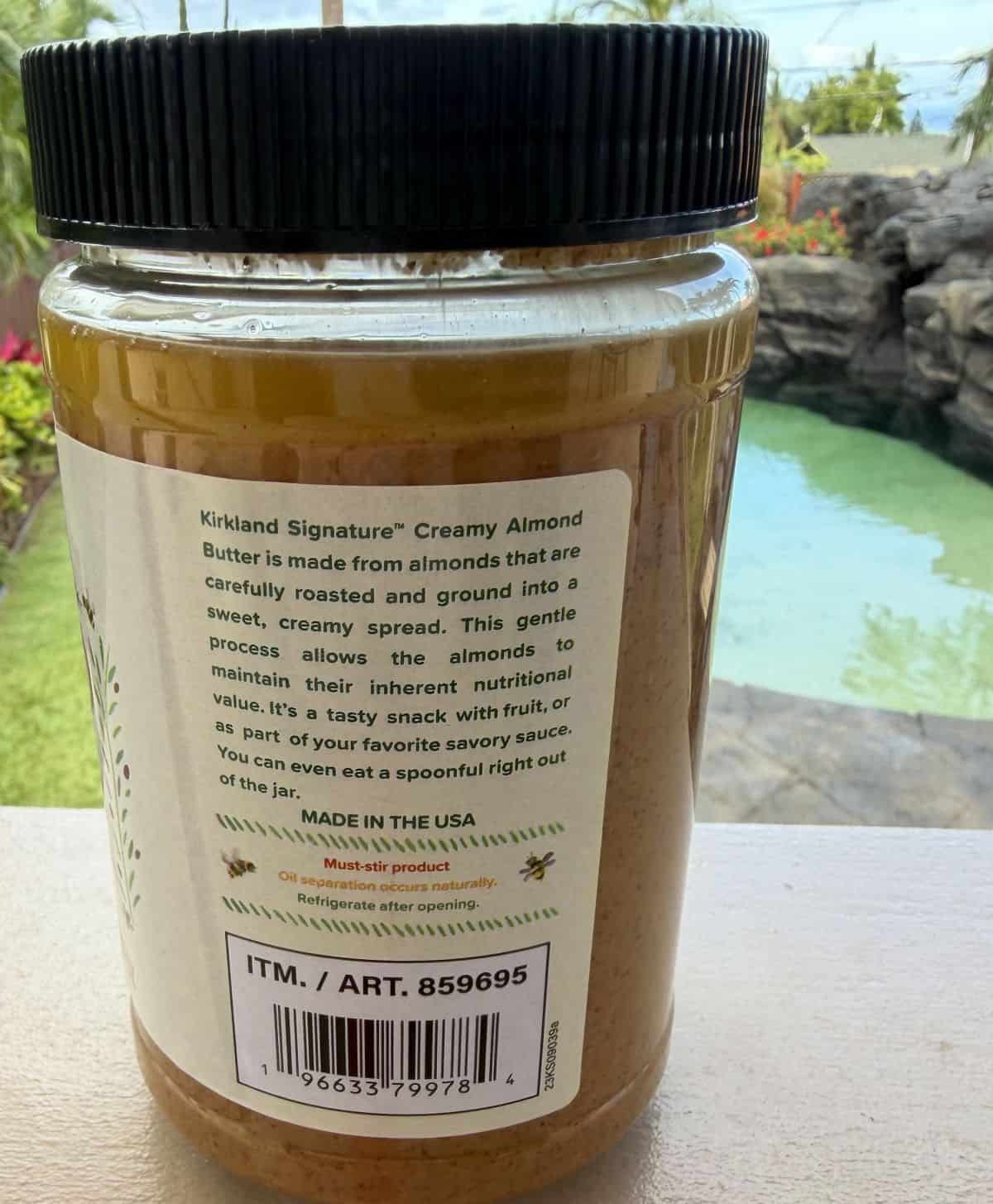 Image of the product description for the almond butter from the back of the jar.