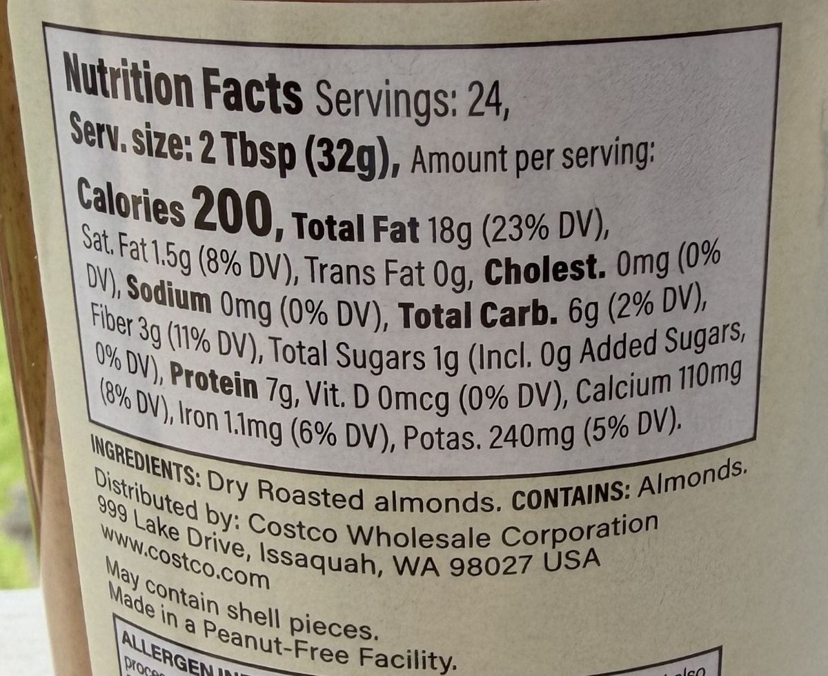 Image of the ingredients and nutrition facts for the almond butter from the back of the jar.