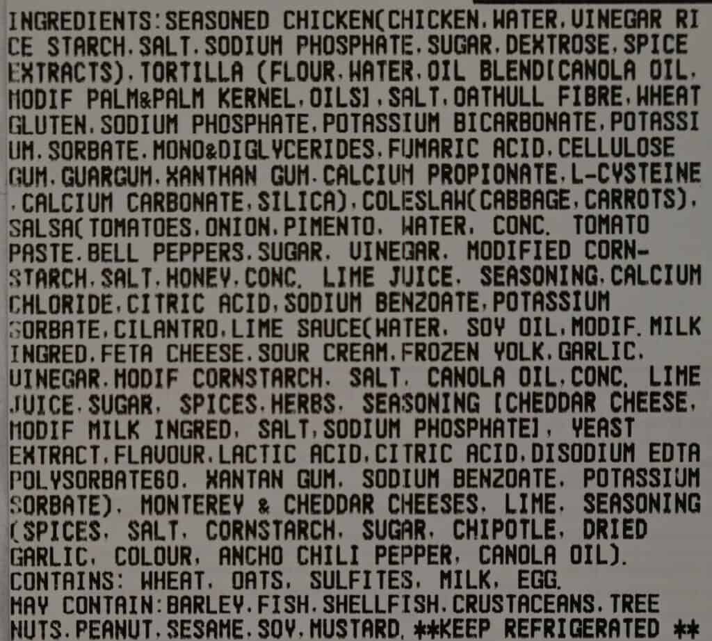 Costco Kirkland Signature Chicken Tacos ingredients. 