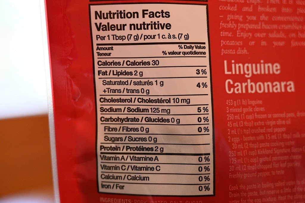 Costco Kirkland Signature Bacon Crumbles nutrition facts from bag. 