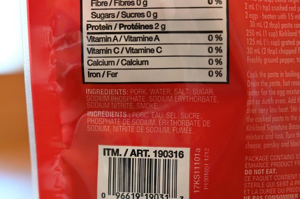 Costco Kirkland Signature Bacon Crumbles ingredients from bag. 