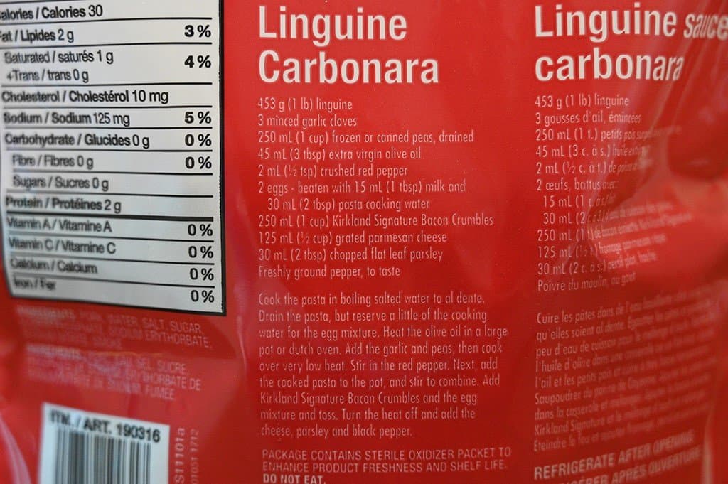 Image of a recipe for linguine carbonara from the bag of Costco Kirkland Signature Bacon Crumbles. 