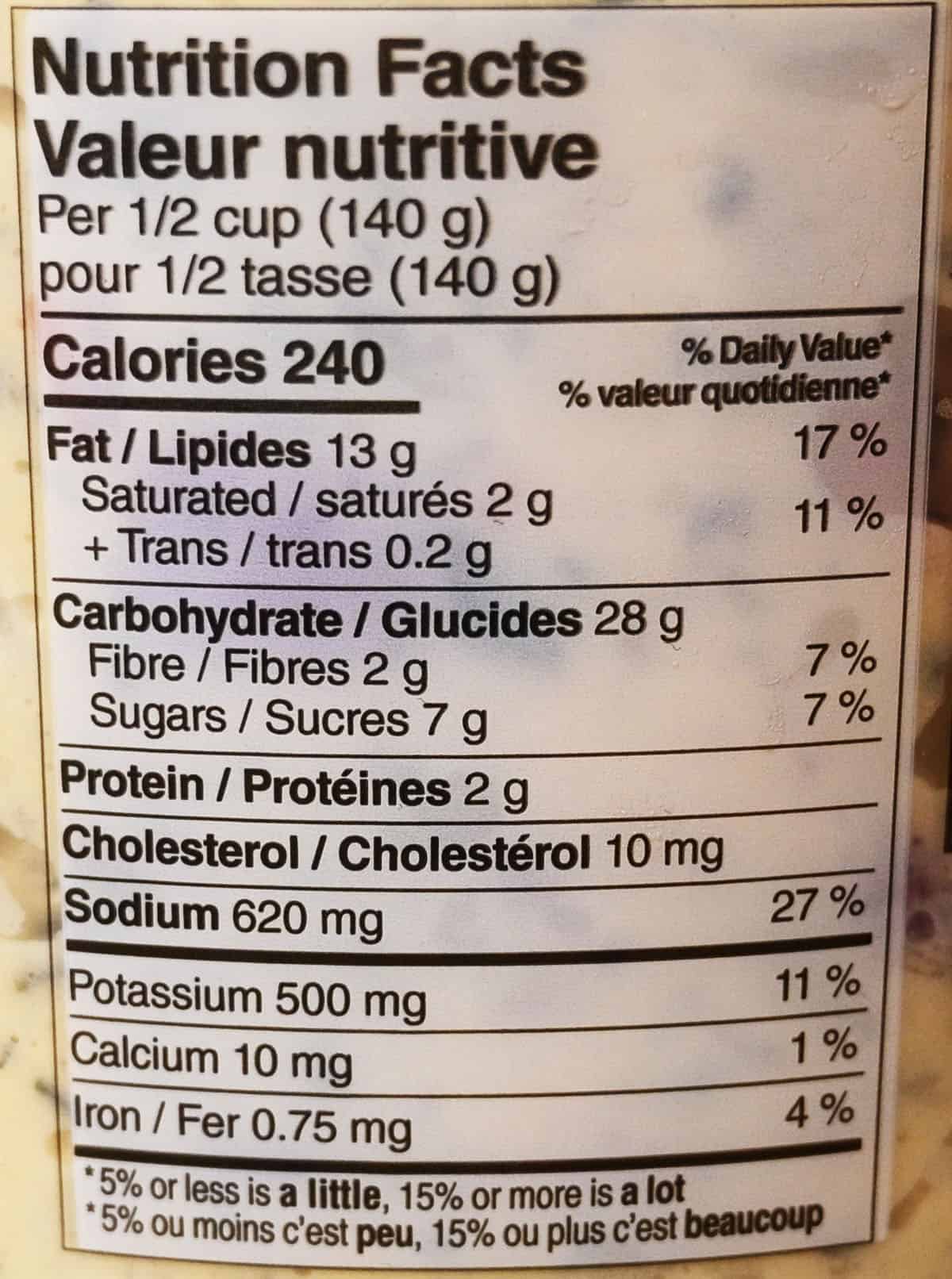 Costco Stonemill Kitchens Homestyle Red Potato Salad nutrition facts from container.