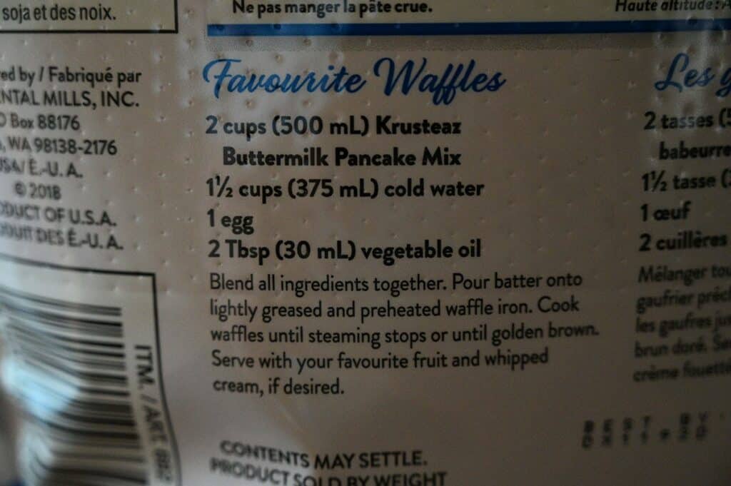 Costco Krusteaz Buttermilk Pancake Mix  waffle recipe and instructions. 