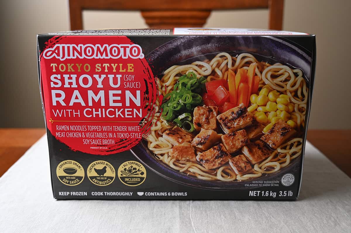 Image of the Costco  Ajinomoto Tokyo Style Shoyu Ramen with Chicken box unopened sitting on a table.