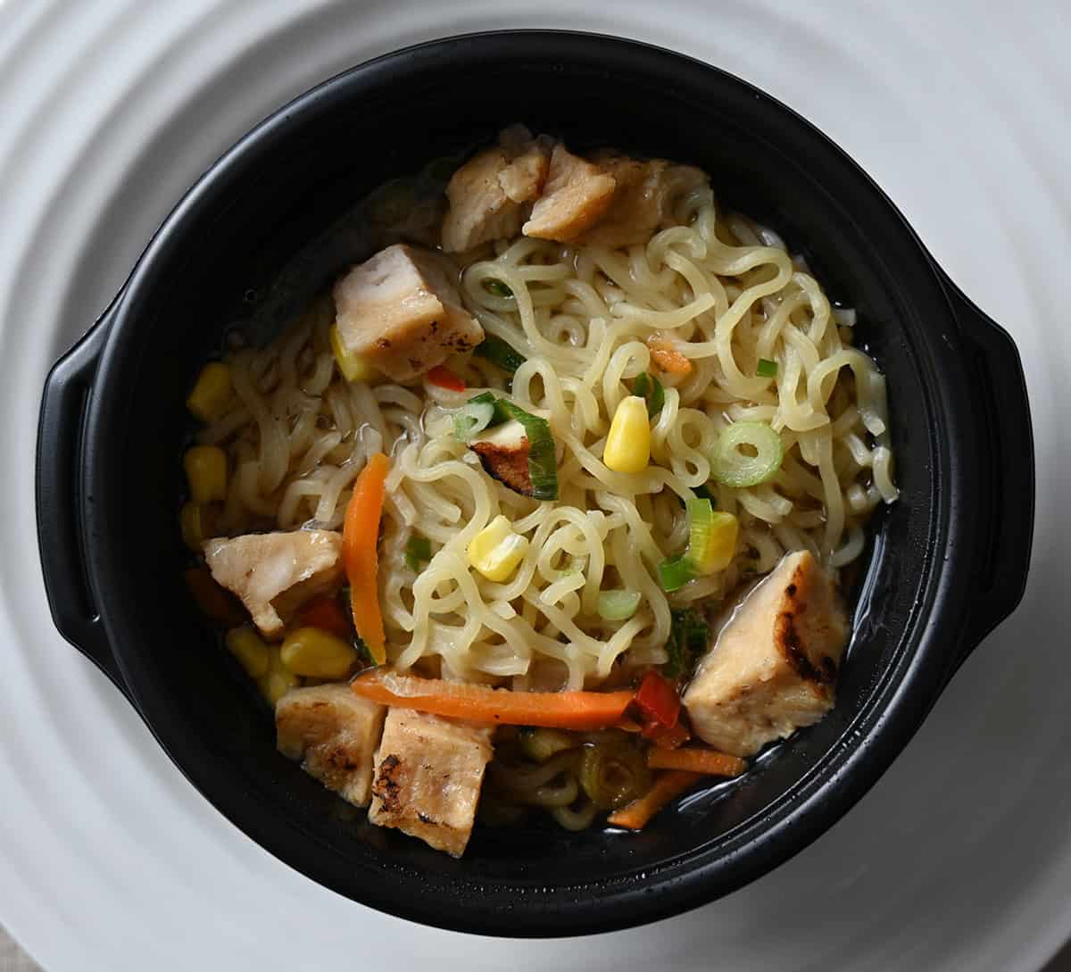 Top down closeup image of a prepared bowl of ramen.