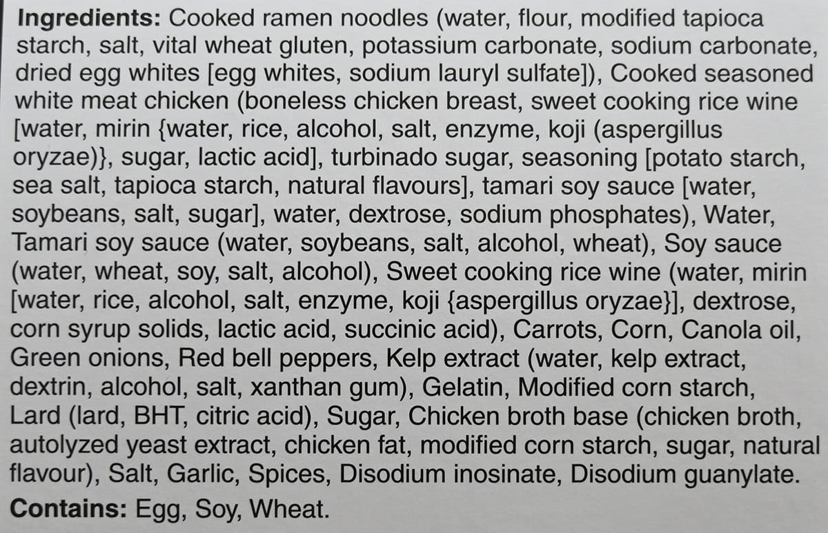Image of the ingredients list for the ramen from the back of the box.