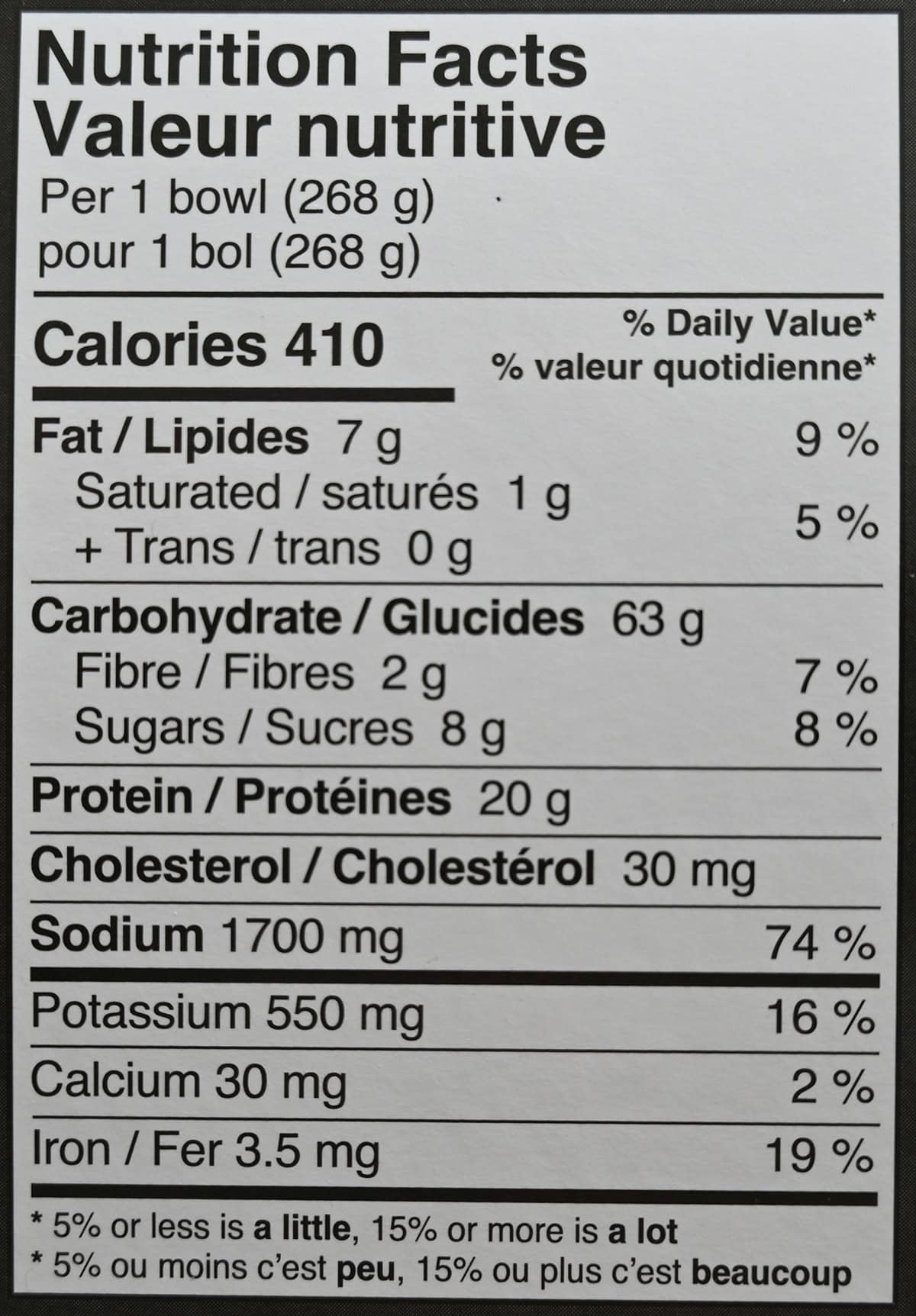 Image of the nutrition facts for the ramen from the back of the box.