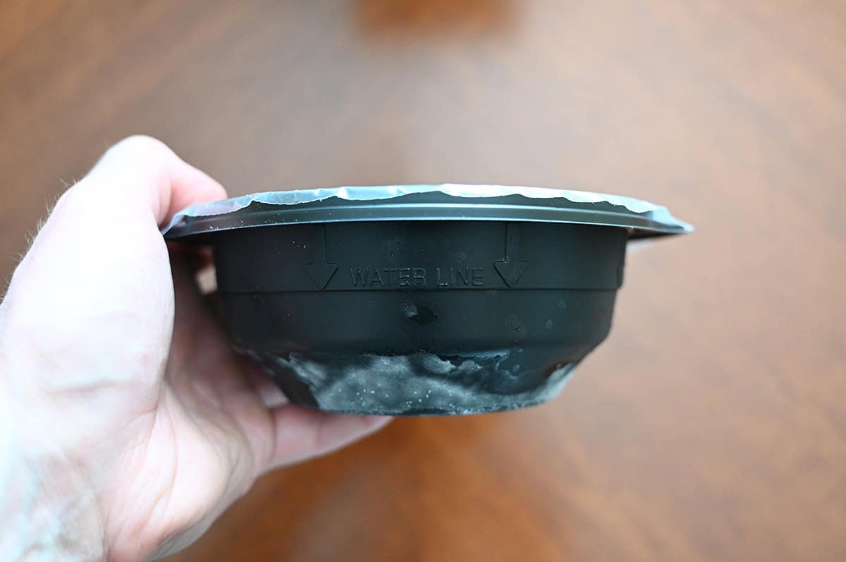 Closeup sideview image of a hand holding a plastic bowl container of ramen close to the camera so you can see how big the bowl is.