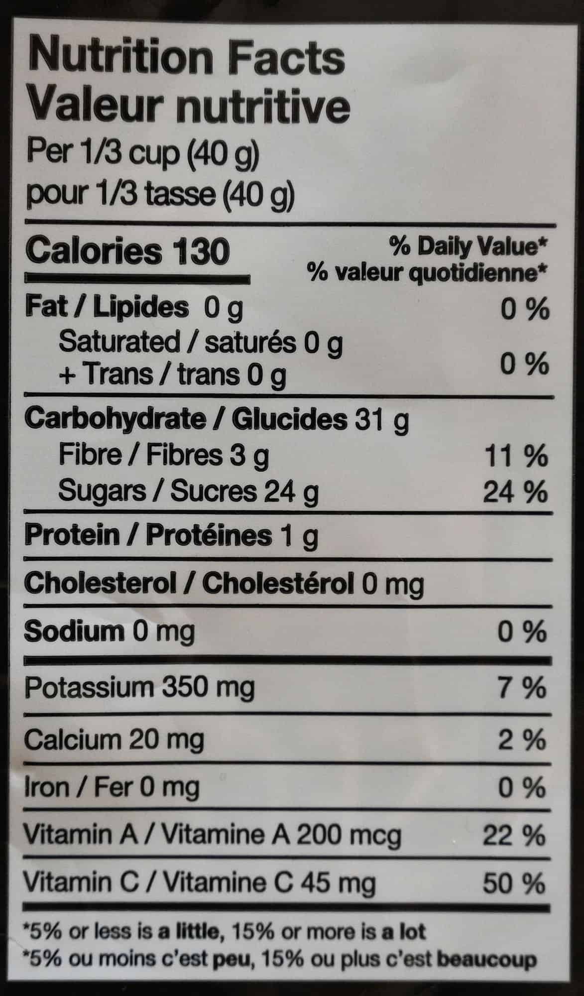 Organic dried mango nutrition facts from bag. 