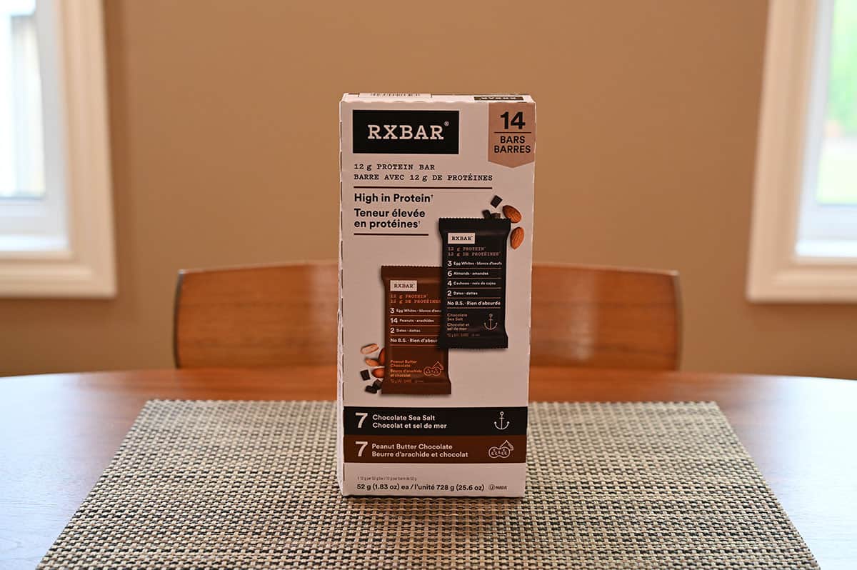 Costco RXBAR Protein Bar chocolate sea salt and peanut butter chocolate flavors box sitting on a table.