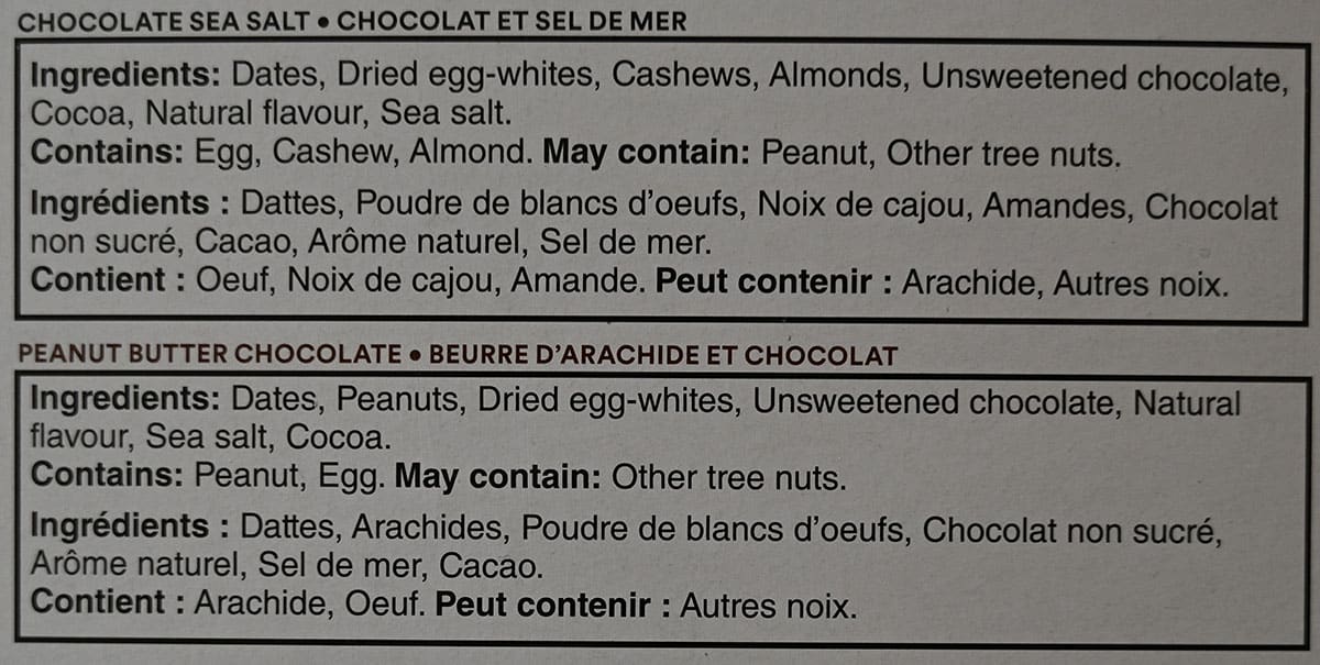 Ingredients for chocolate sea salt and peanut butter chocolate RXBAR from back of box.