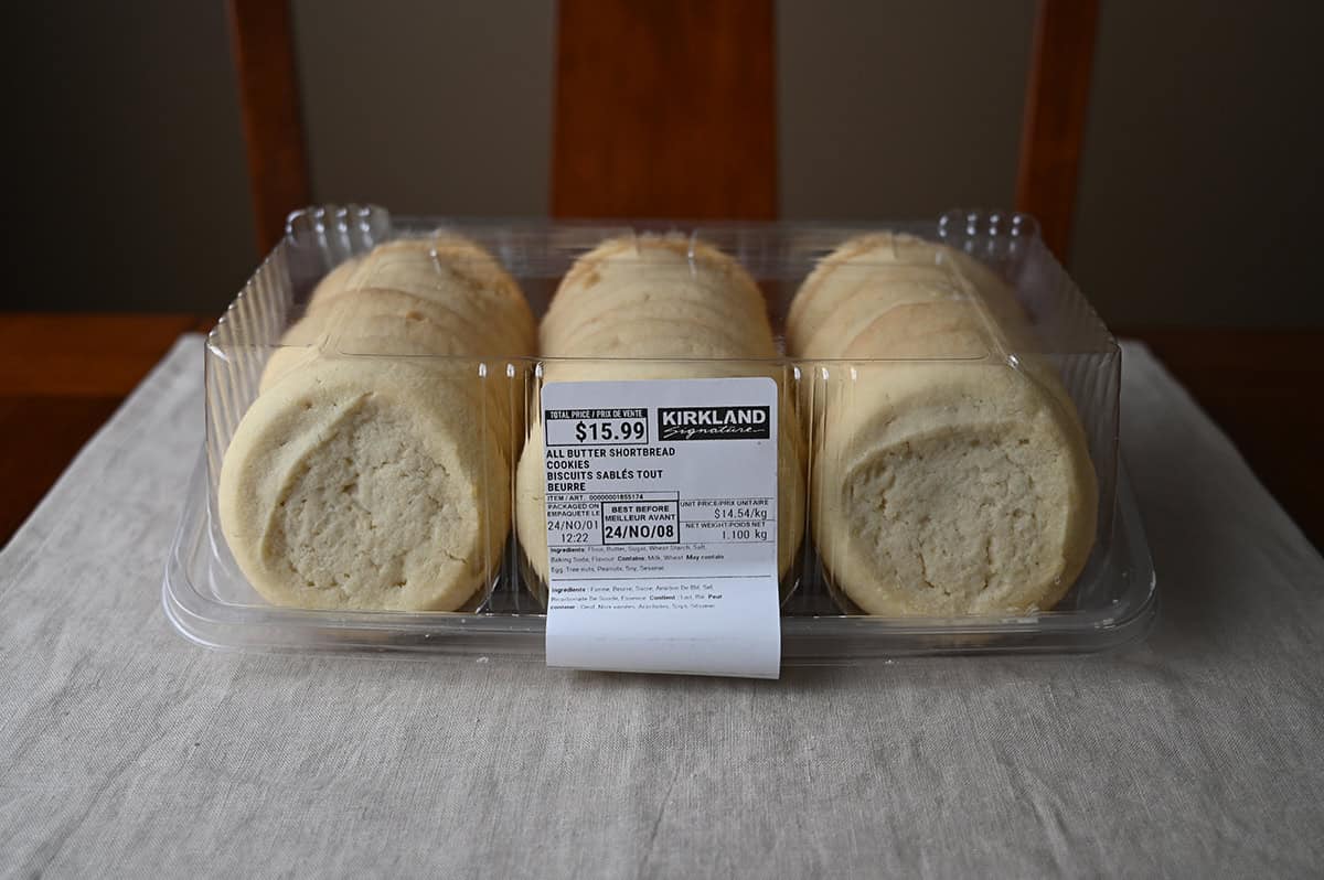 Image of a container of Costco Kirkland Signature Butter Shortbread Cookies unopened sitting on a table.