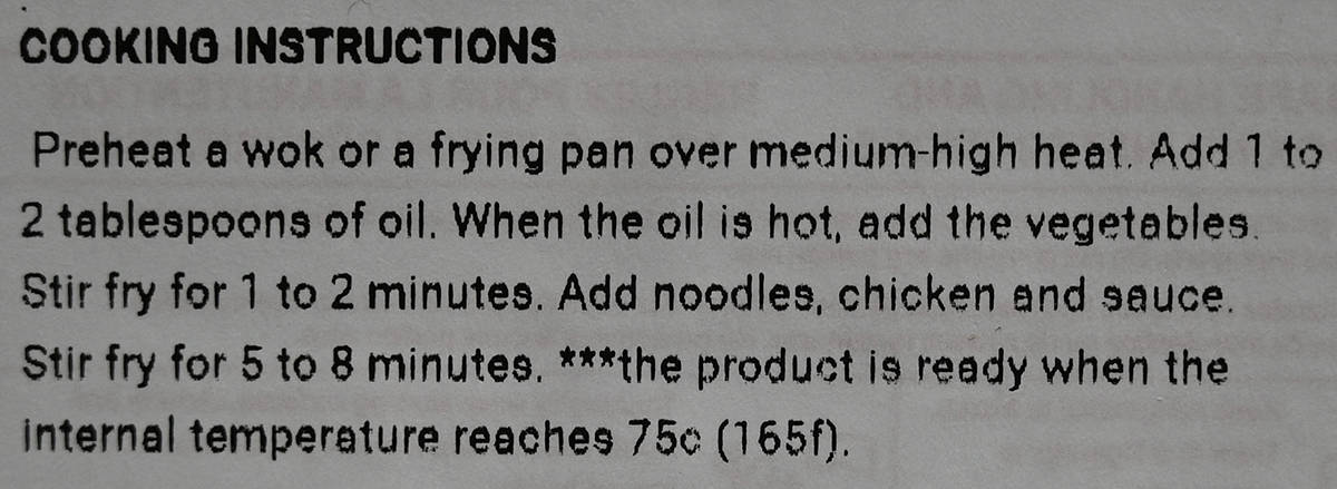Image of the cooking instructions for the chicken chow mein from the package.